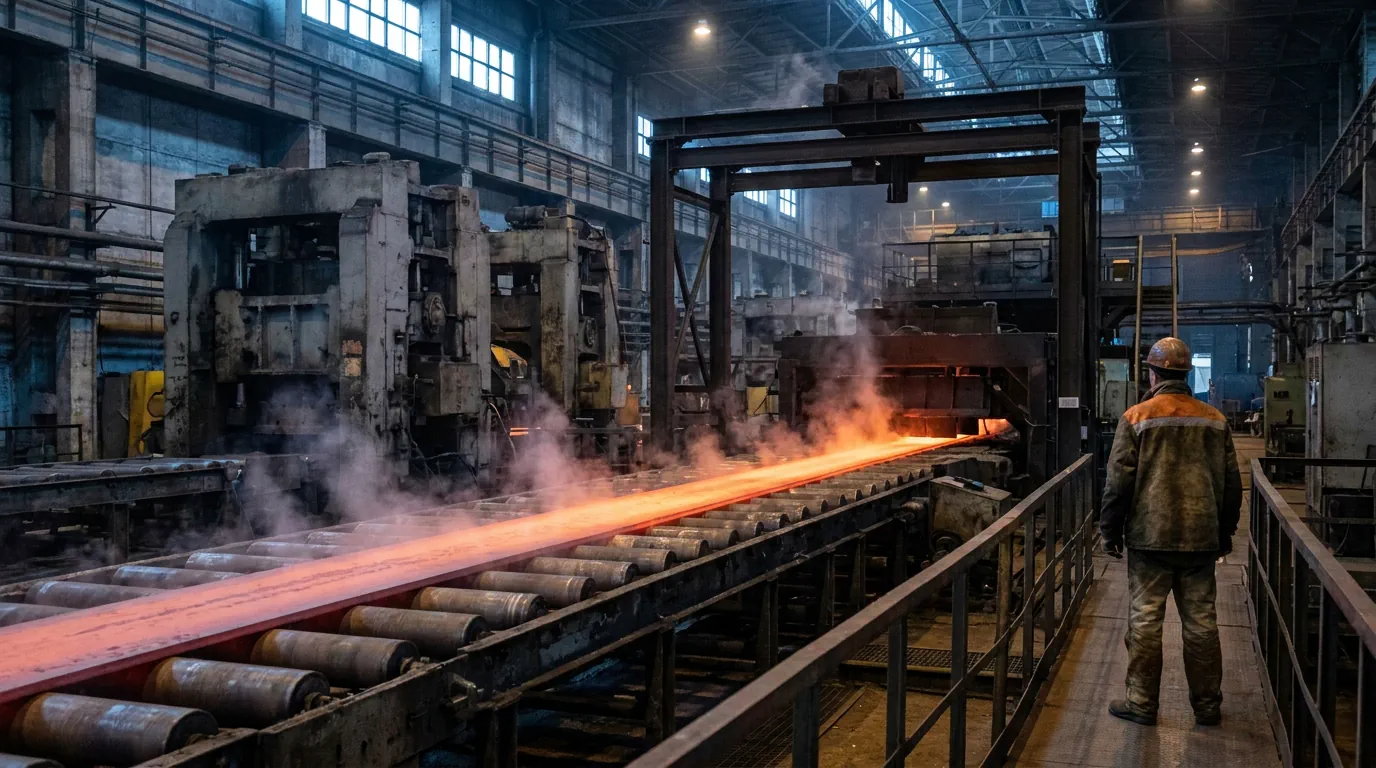 Горячекатаная стальная полоса на рольганге стана горячей прокатки